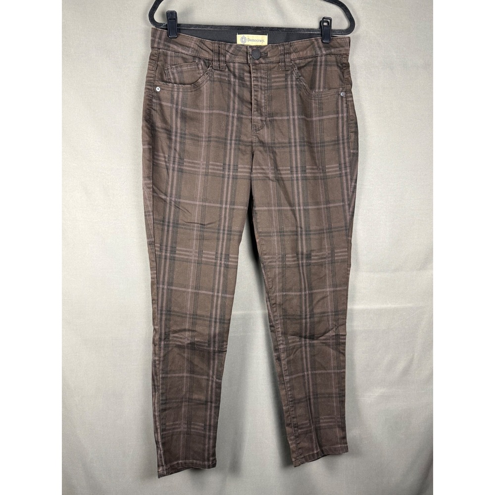 Democracy Plaid Skinny Pants Womens 12 Brown Ab Technology Stretch Trousers